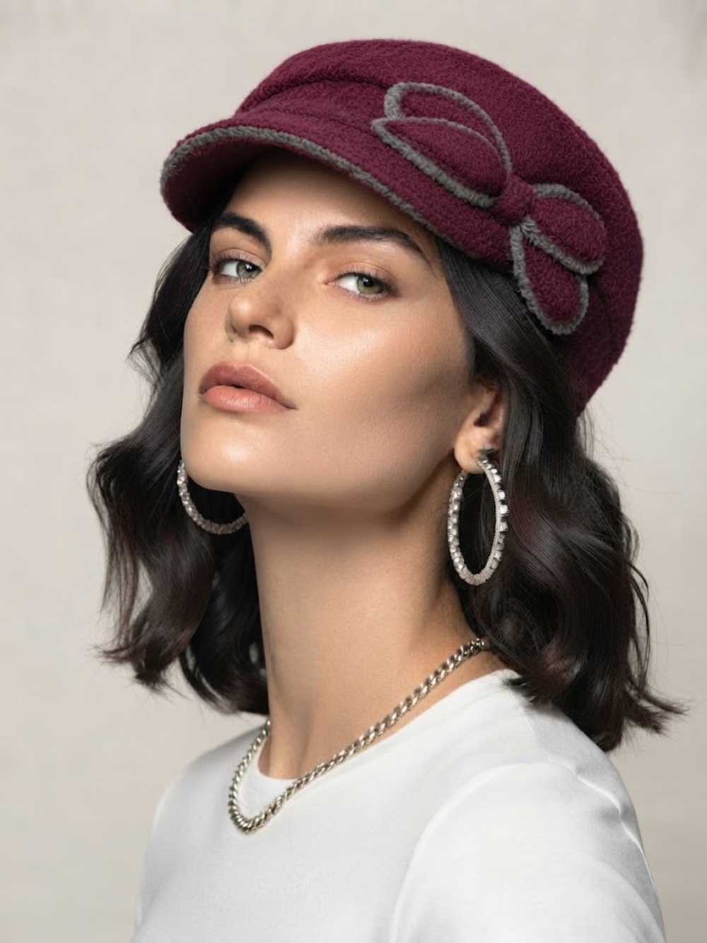Cappellificio Bordoni Italy Burgundy Wool Newsboy Cap Hat Side Bow Gray OS NWT